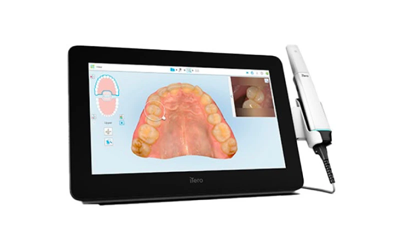 Dental intraoral scanner with a screen showing an upper dental arch impression and a small inset image of teeth on the side panel (professional dental device)